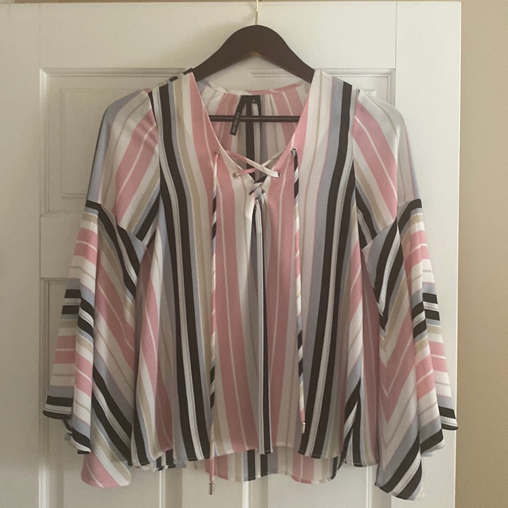 Fun, pink, navy and white bell sleeve top